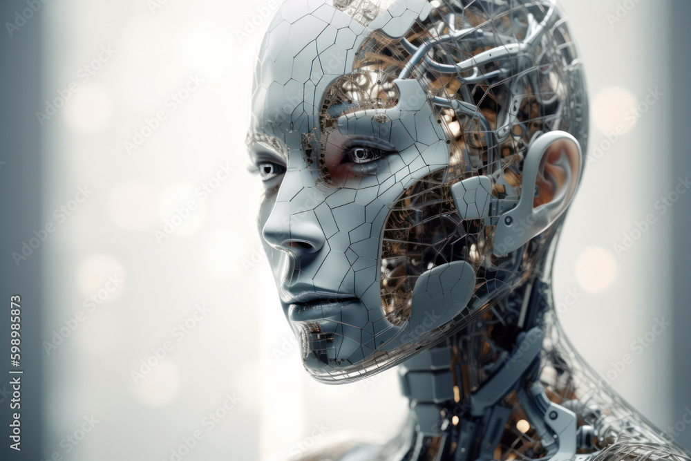 Generative AI illustration of young female detailed cyborg with mechanisms and wires in head against digital technological background Generative AI illustration of young female detailed cyborg with mechanisms and wires in head against digital technological background