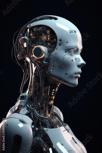 Generative AI illustration of side view white colored female android with uncovered internal system looking away against black background photo