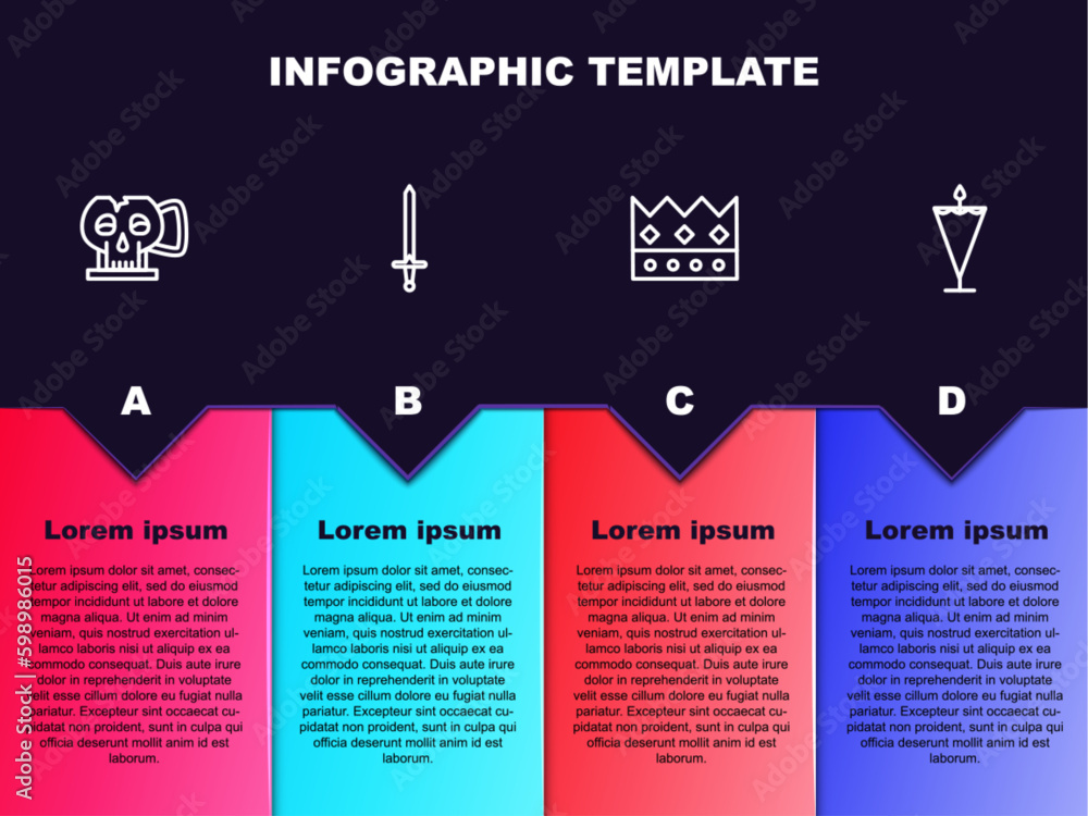 Set line Cup from the skull, Medieval sword, King crown and flag. Business infographic template. Vector Set line Cup from the skull, Medieval sword, King crown and flag. Business infographic template. Vector