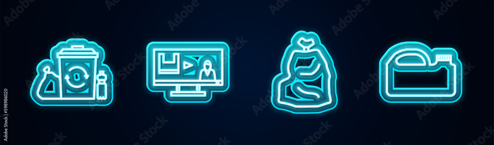 Set line Recycle bin with recycle, Stop plastic pollution, Garbage bag and Canister for machine oil. Glowing neon icon. Vector Set line Recycle bin with recycle, Stop plastic pollution, Garbage bag and Canister for machine oil. Glowing neon icon. Vector