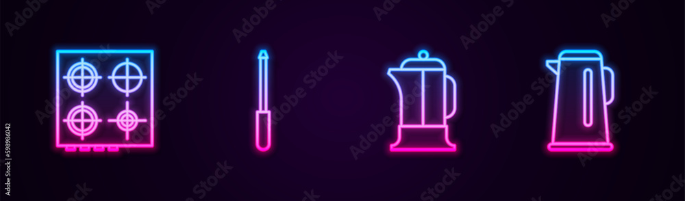 Set line Gas stove, Knife sharpener, French press and Kettle with handle. Glowing neon icon. Vector Set line Gas stove, Knife sharpener, French press and Kettle with handle. Glowing neon icon. Vector