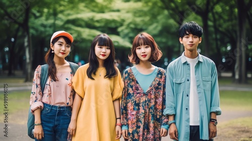 Portrait A group of Asian Generation Z in the park Tokyo, Generative AI