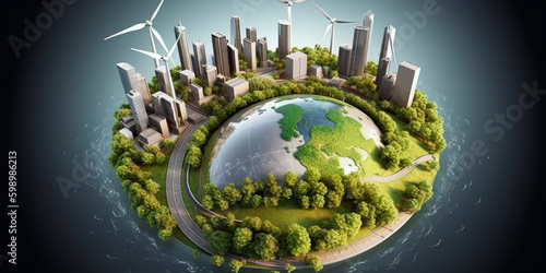 Planet earth with Modern ecological city with wind turbines, alternative energy and ecology. generative ai