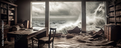 Generative AI illustration of home office flooded by sea with broken windows and floating furniture in water during stormy weather photo