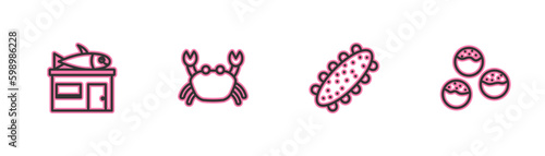 Set line Seafood store, cucumber, Crab and Takoyaki icon. Vector