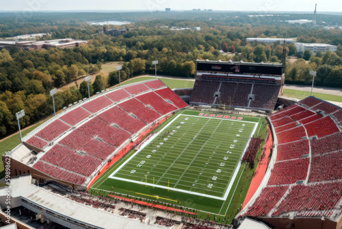 Generative AI illustration aerial view of modern American football field on stadium surrounded by red grandstands on sunny day photo