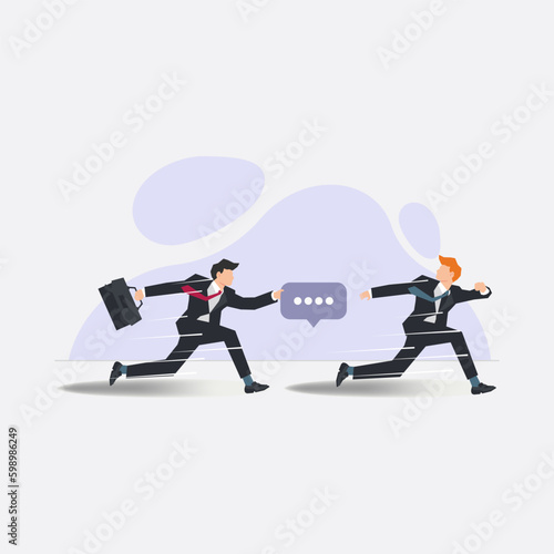 Businessman running with hand holding speech bubble. Relay, handover job or delegation concept design vector illustration