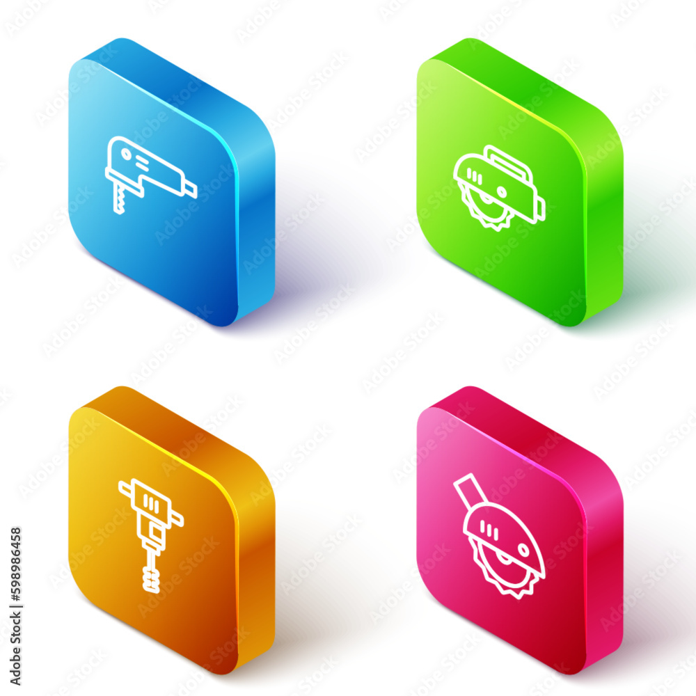 Set Isometric line Electric jigsaw, circular, Electrical hand concrete mixer and icon. Vector Set Isometric line Electric jigsaw, circular, Electrical hand concrete mixer and icon. Vector