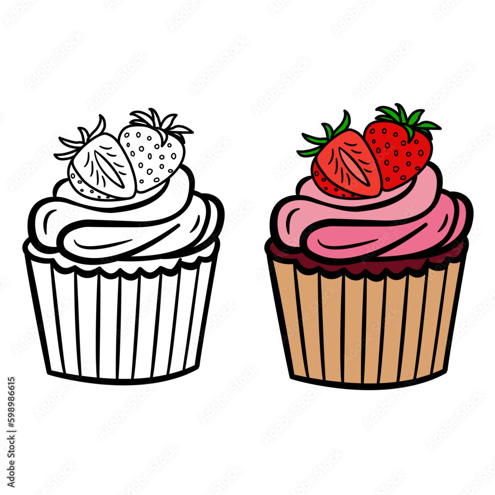 Cupcake with Strawberries. Cupcake for Coloring. Vector illustration of delicious pastries
