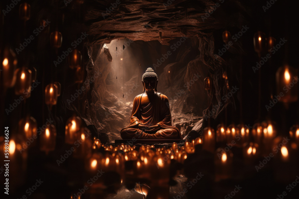 Generative AI illustration of Buddha sitting in lotus pose and meditating near burning candles in dark cave concept of religion and mindfulness Generative AI illustration of Buddha sitting in lotus pose and meditating near burning candles in dark cave concept of religion and mindfulness