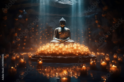 Generative AI illustration of Buddha sitting in lotus pose and meditating near burning candles in dark cave concept of religion and mindfulness photo