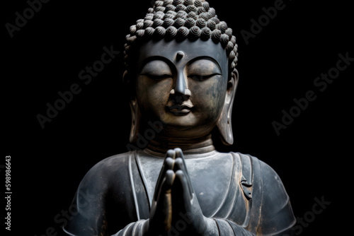 Statue of Buddha on black background on black background photo