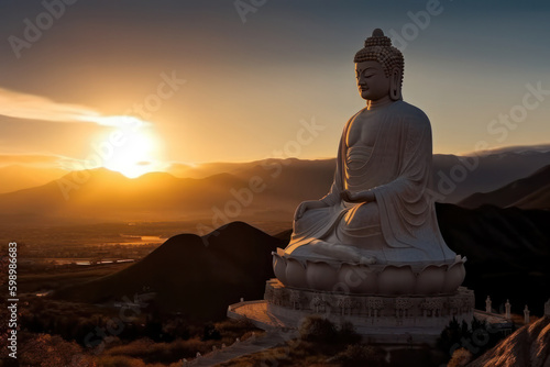 Generative AI illustration of Buddha statue in Padmasana against mountains and sea under bright orange sunset sky in evening