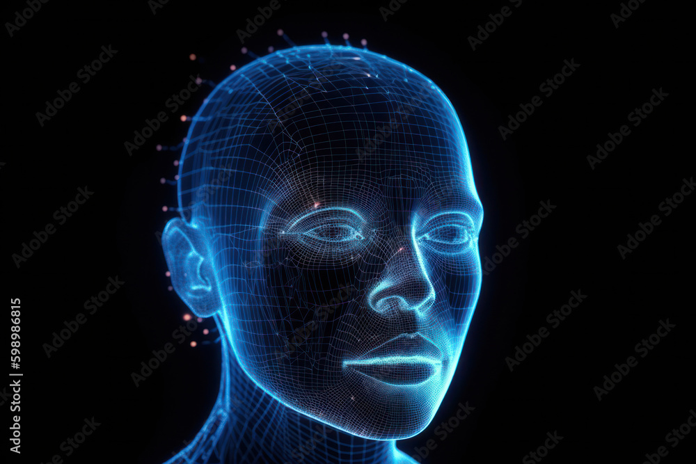 Generative AI illustration of biometric facial recognition or identification technology on human head created in low poly style against black background Generative AI illustration of biometric facial recognition or identification technology on human head created in low poly style against black background