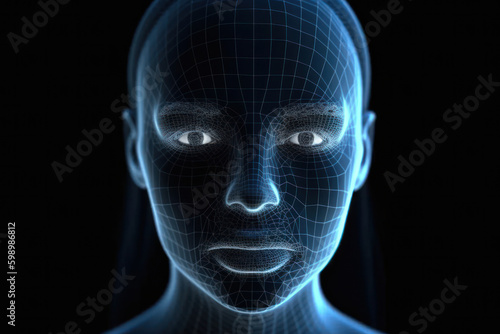Generative AI illustration of biometric facial recognition or identification technology on human head created in low poly style against black background photo