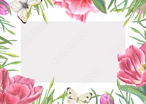 Fototapeta Naklejka Na Ścianę i Meble -  Watercolor horizontal frame with tulips, leaves, white butterflies isolated on white background.Illustration for the design of Save the Date, Valentines day, birthday, wedding postcards, invitations