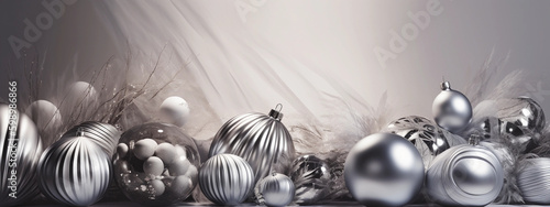 red pink silver balls toys on blurred, generative ai, fairy background with beautiful bokeh, copy space, wide format. Christmas silvery pink sparkling background.