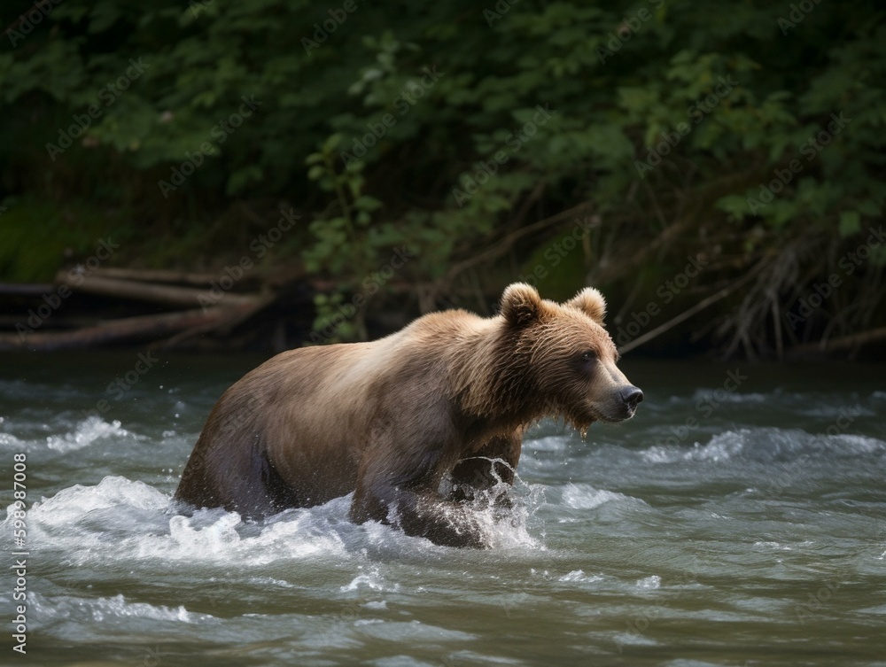 A brown bear fishing in a. Generated with AI Technology A brown bear fishing in a. Generated with AI Technology