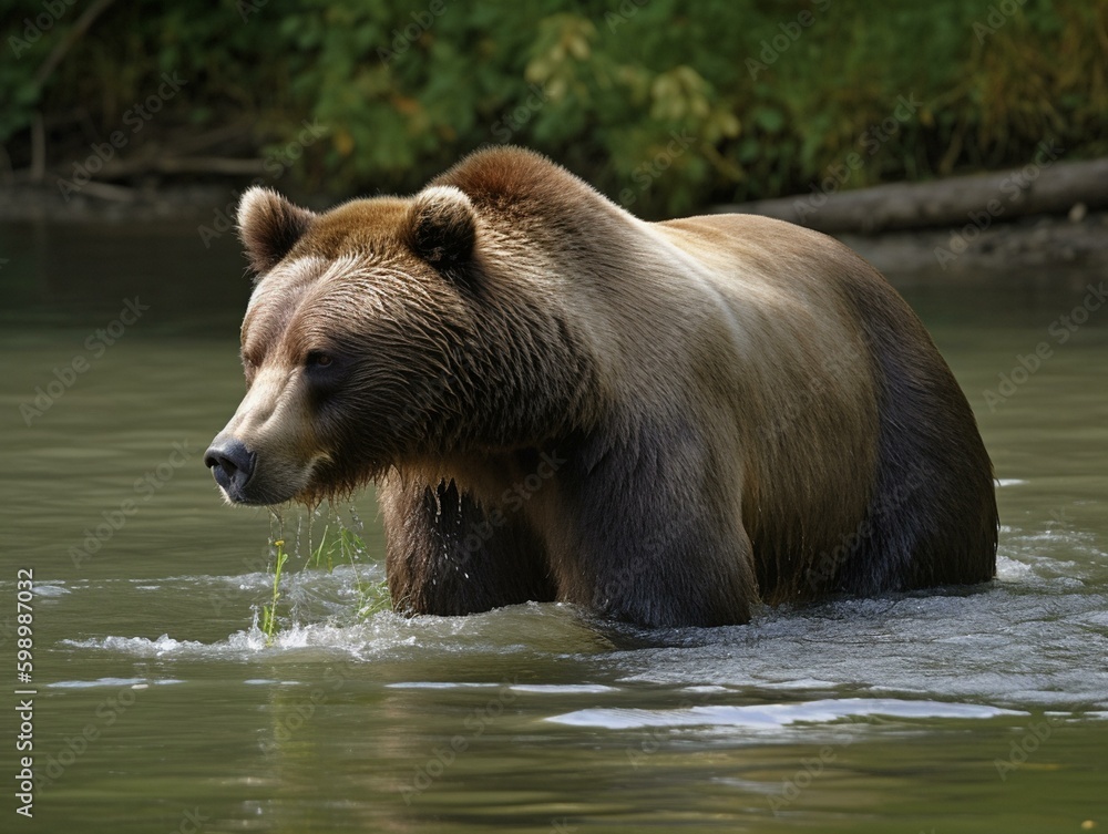 A brown bear fishing in a. Generated with AI Technology A brown bear fishing in a. Generated with AI Technology