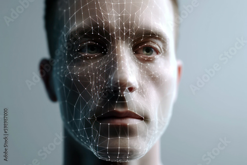 Generative AI illustration of biometrical scan reading for man facial identification while unlocking access against white background photo
