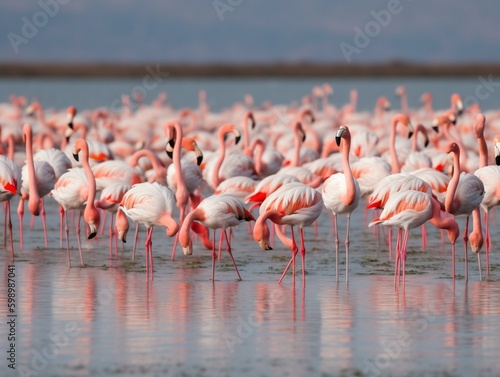 A flock of flamingos wading in the. Generated with AI Technology