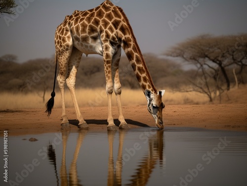 A giraffe bending down to drink. Generated with AI Technology