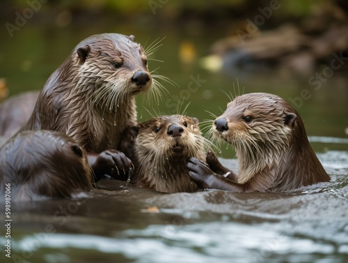 A group of otters playing. Generated with AI Technology © Christian