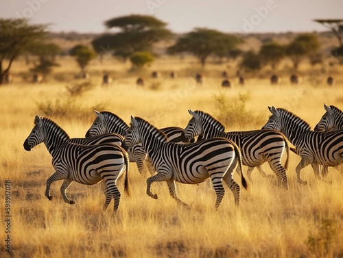 A group of zebras running through the. Generated with AI Technology