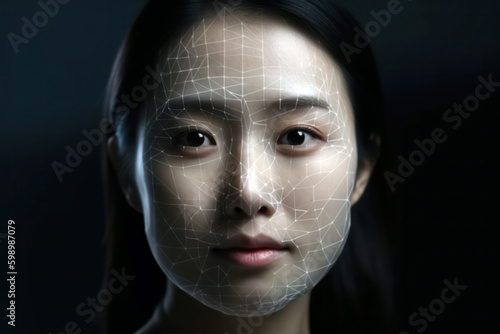 Generative AI illustration visualisation of young female face with biometric recognition and dark hair photo