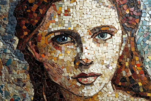 Generative AI illustration of woman portrait made of many small mosaic pieces photo