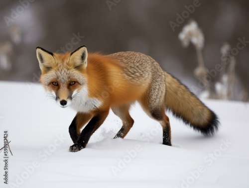 A red fox hunting in the snow. Generated with AI Technology