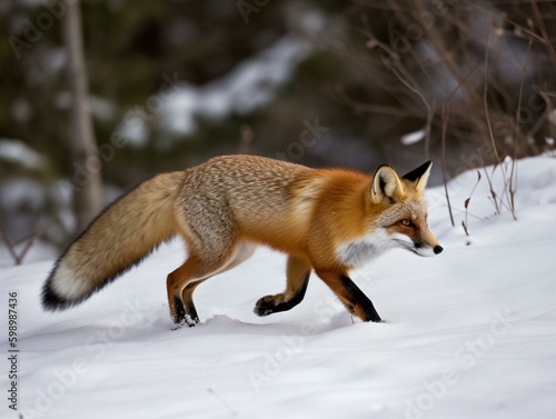 A red fox hunting in the snow. Generated with AI Technology