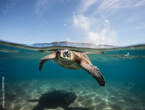A sea turtle gliding through the. Generated with AI Technology © Christian