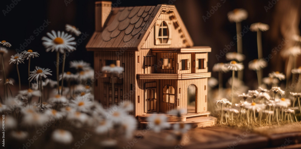 Eco house. Green and environmentally friendly housing concept. generative ai. Miniature wooden house in spring grass, moss and ferns on a sunny day Eco house. Green and environmentally friendly housing concept. generative ai. Miniature wooden house in spring grass, moss and ferns on a sunny day