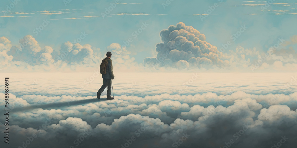 Back view of unrecognizable man walking over clouds. Generative AI Back view of unrecognizable man walking over clouds. Generative AI