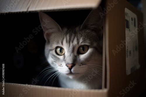an off white gray cat sticking its head out of a box Generative AI © SKIMP Art