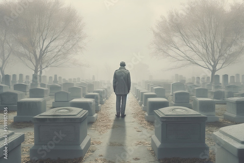 Back view of unrecognizable man in warm clothes and hat walking in cemetery in a foggy day. Generative AI photo