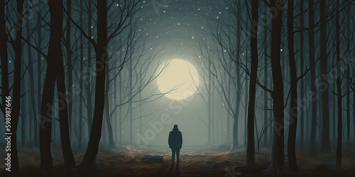 Back view of unrecognizable person walking along leafless forest in misty night with big moon. Generative AI
