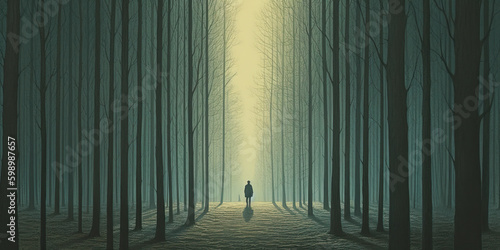 Back view of unrecognizable man walking on forest at twilight. Generative AI photo