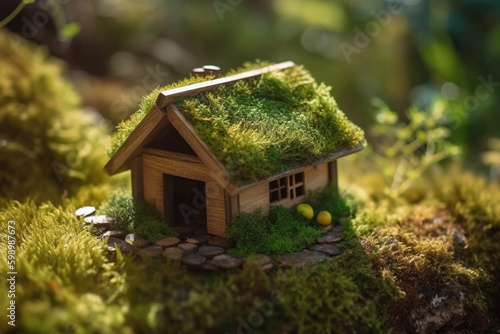 Eco house. Green and environmentally friendly housing concept. generative ai. Miniature wooden house in spring grass, moss and ferns on a sunny day
