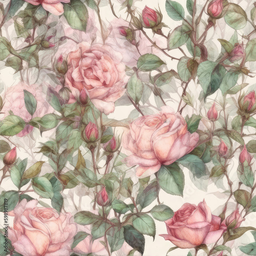 Shabby chic vintage roses, vintage seamless pattern, classic chintz floral repeat background.