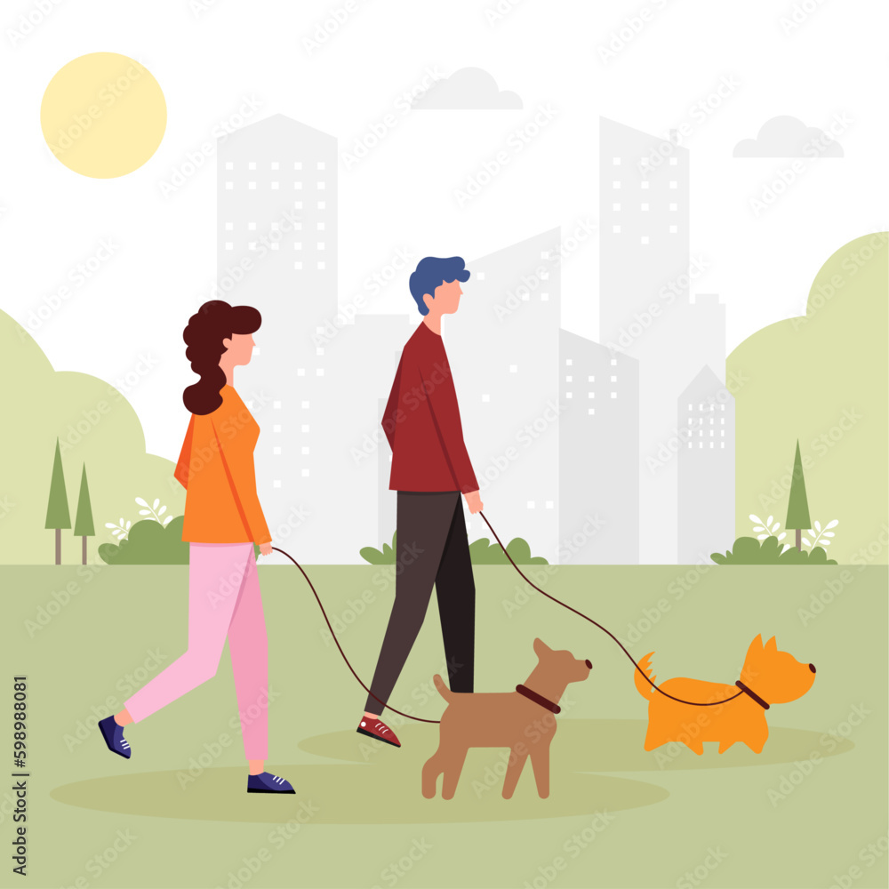 Ταπετσαρία A man and a woman walk their dogs in a city park