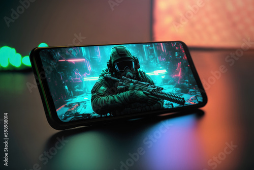 Mobile phone on table in a neon-lit shows shooting game app. Rise of e-sports and mobile gaming industry's growing popularity. Generative AI