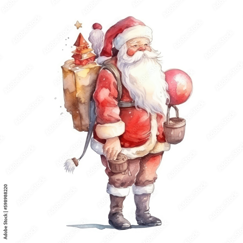 Watercolor illustration of cute Santa Claus. Funny hand drawn character. Christmas illustration. Watercolor illustration of cute Santa Claus. Funny hand drawn character. Christmas illustration.