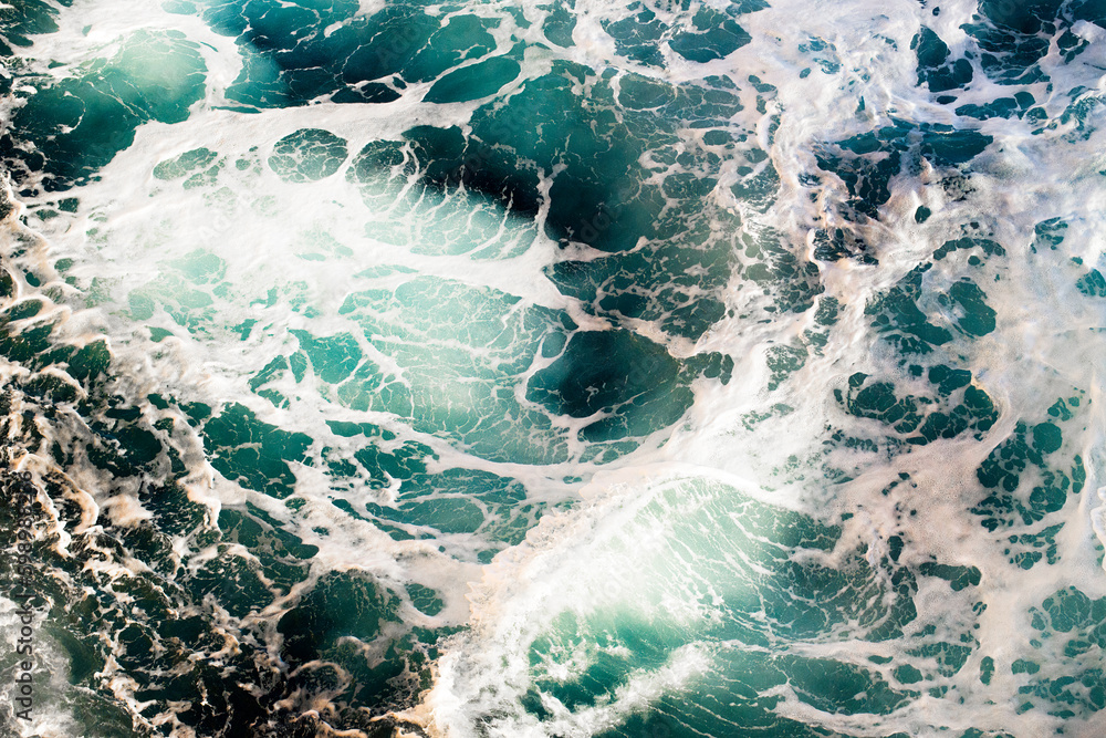 Blue waves, white sea foam background