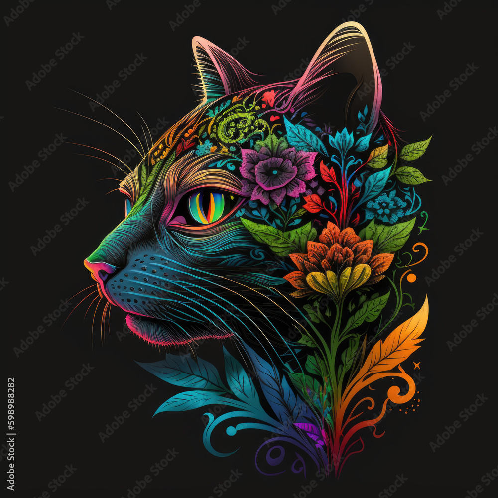 Φωτογραφία T-shirt Design, cat, cat head, Rainbow cat intricate flower icon, fantasy badge,