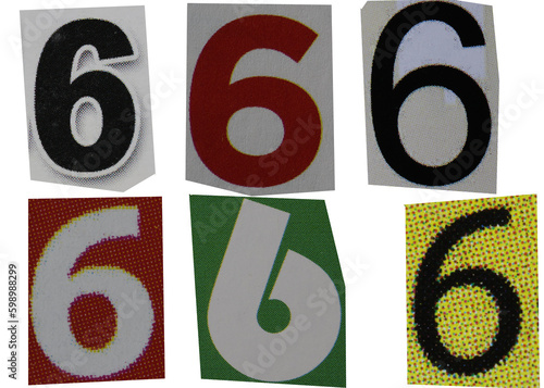 Number 6 magazine cut out font, ransom letter, isolated collage elements for text alphabet, ransom note