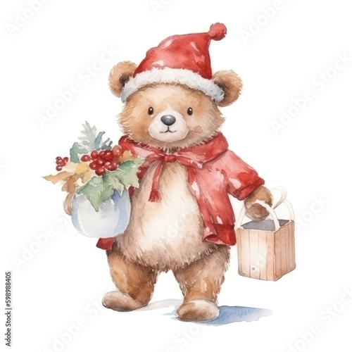 Watercolor teddy bear in santa costume.