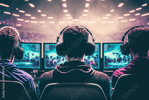 Team of professional gamers are competing in a cybersport battle on global esports championship. Generative AI