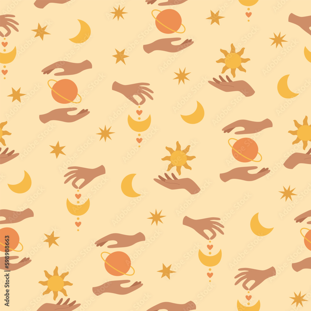 Boho celestial seamless pattern with hands, stars, planet, moon and sun. Pastel colors universe surface design Boho celestial seamless pattern with hands, stars, planet, moon and sun. Pastel colors universe surface design